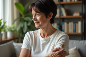 Femme d'âge moyen montrant une cicatrice sur le bras dans un intérieur chaleureux