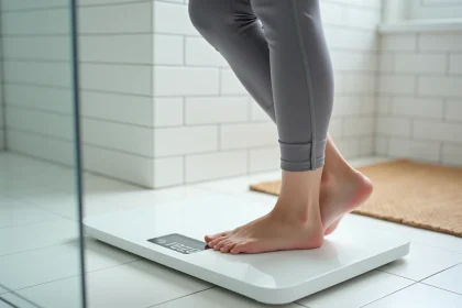 Femme mesurant sa composition corporelle sur une balance impédancemètre dans une salle de bain moderne