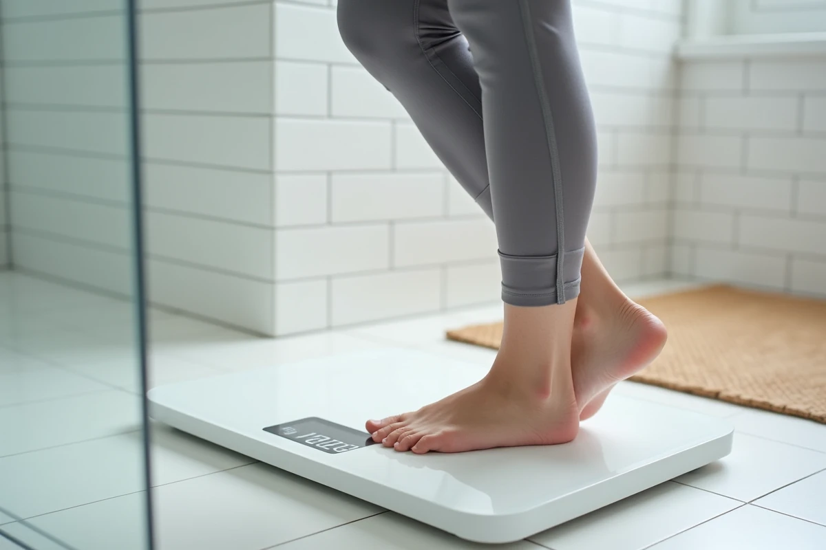 Femme mesurant sa composition corporelle sur une balance impédancemètre dans une salle de bain moderne