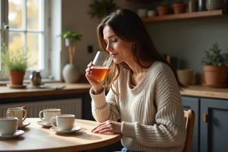 Femme dégustant du sap de bouleau dans la cuisine chaleureuse