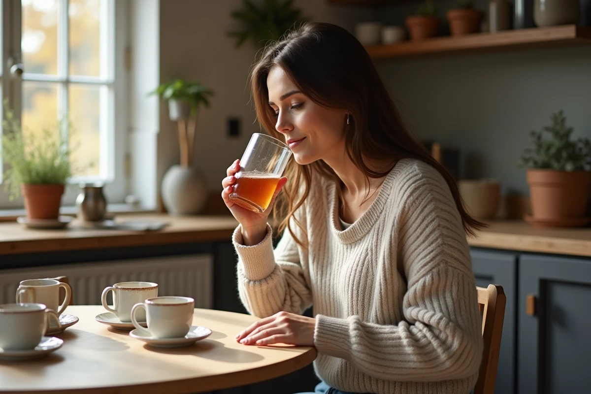 Femme dégustant du sap de bouleau dans la cuisine chaleureuse