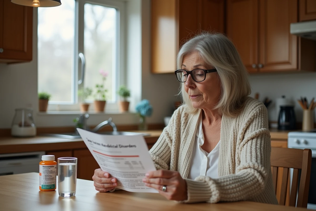 Femme lisant une brochure médicale sur les troubles neurologiques et l'épilepsie à la maison, avec des médicaments sur la table, illustrant la gestion quotidienne des maladies épileptiques