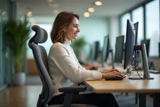 Femme au bureau en posture de détente et concentration