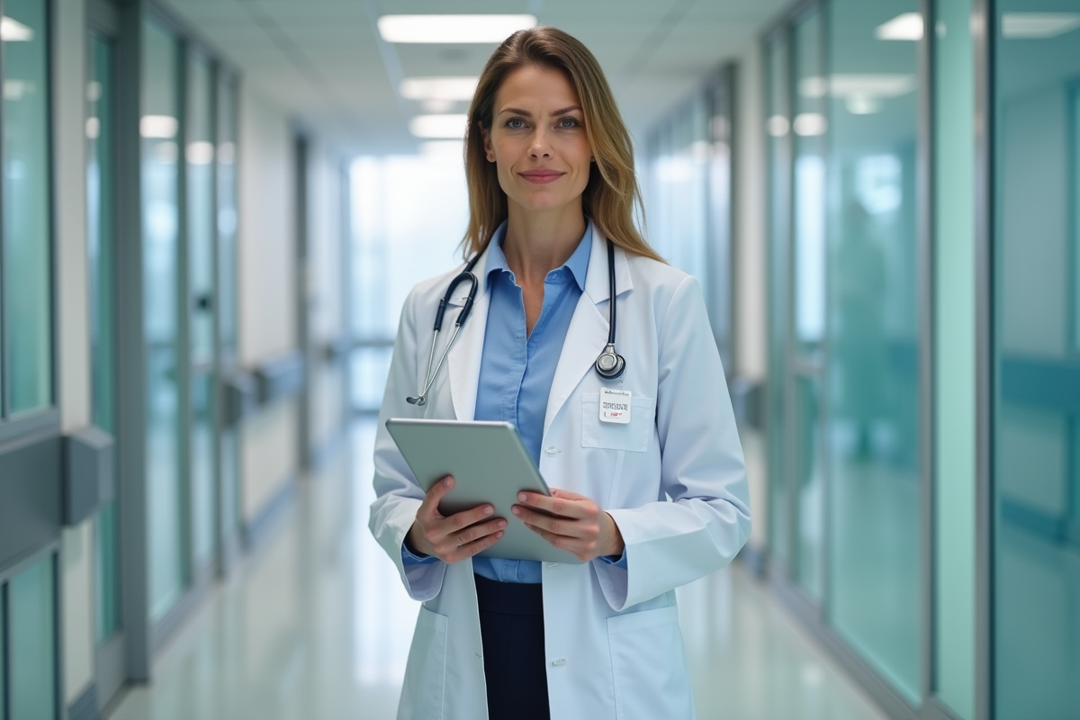 Cardiologue femme avec tablette dans un couloir d