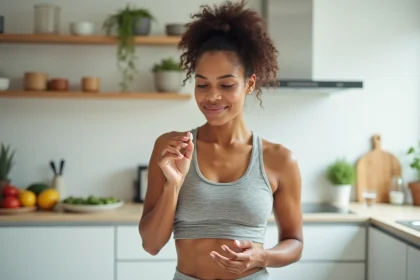 Femme tenant une capsule de complément alimentaire minceur dans une cuisine moderne avec fruits frais et verre d'eau