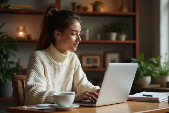 Femme consultant le site du magazine Garan Cedore sur un ordinateur portable dans un bureau cosy à domicile
