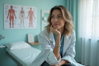 Femme assise sur une table d'examen dans un cabinet médical