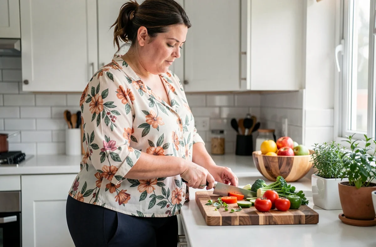Femme adulte en surpoids préparant un repas sain dans une cuisine moderne, atmosphère authentique et bienveillante