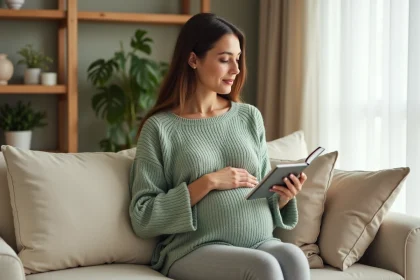Femme enceinte au repos sur un canapé, tenant un journal de grossesse, illustrant les précautions quotidiennes lors d'un cerclage cervical