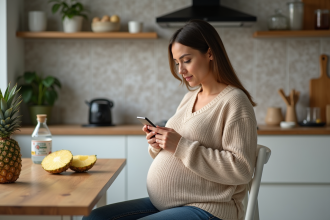 Femme enceinte lisant sur son smartphone dans la cuisine