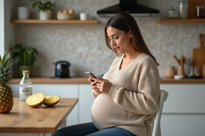 Femme enceinte lisant sur son smartphone dans la cuisine