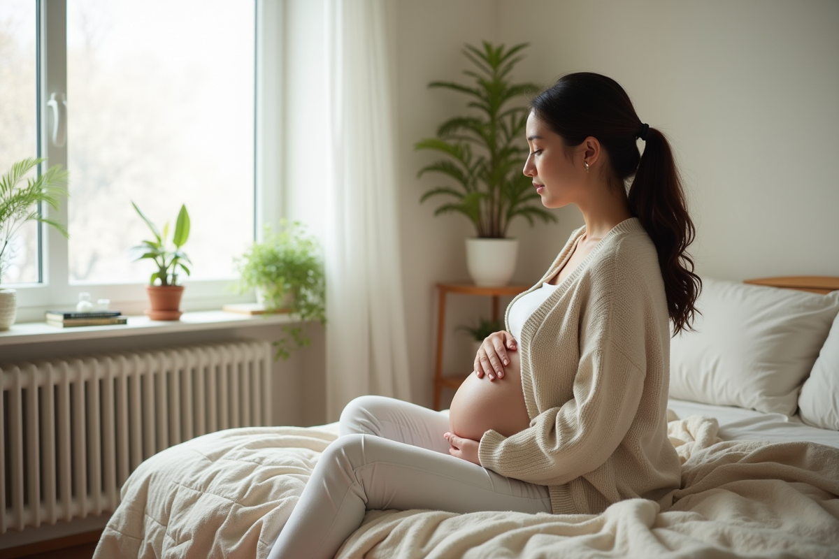Femme enceinte assise sur le lit dans une chambre lumineuse