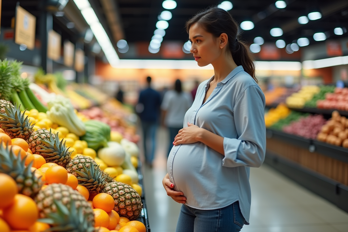 Femme enceinte achetant des ananas au marché
