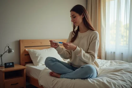 Femme contemplant un test de grossesse dans une chambre chaleureuse