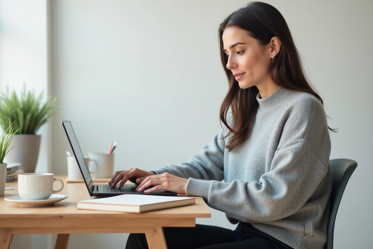 Femme française répondant à une enquête en ligne sur ses préférences depuis son bureau à domicile