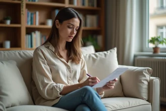 Femme française dans la trentaine répondant à un questionnaire d'enquête sur ses préférences dans un salon parisien moderne