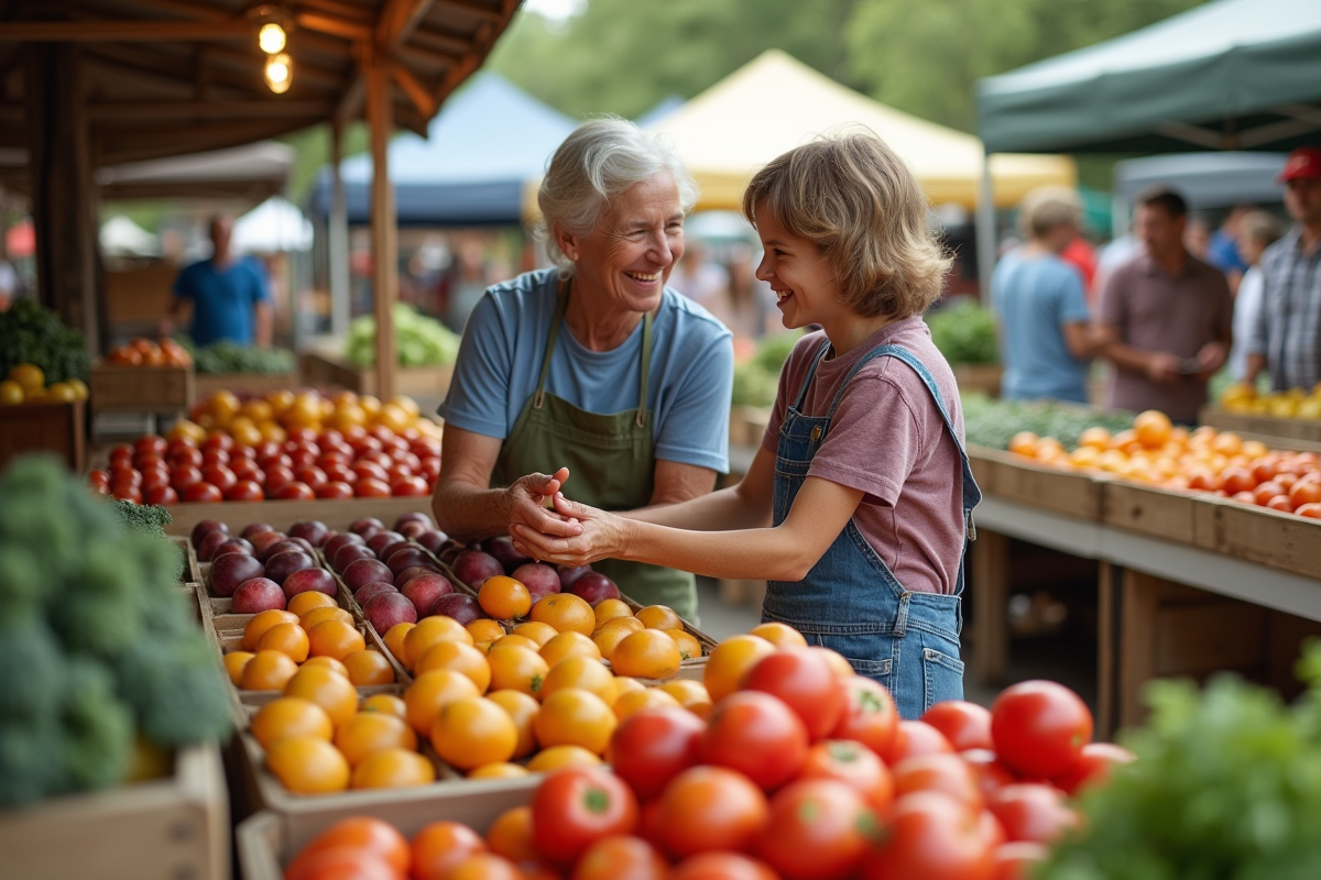 Femme âgée et enfant achetant des produits frais au marché