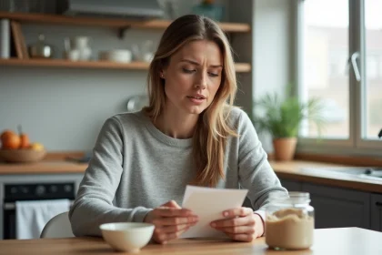 Femme lisant les étiquettes alimentaires pour éviter les allergènes déclencheurs d'un oedème de Quincke de la lèvre
