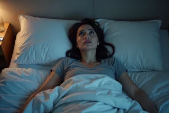 Femme adulte allongée dans son lit, les yeux ouverts, souffrant d'insomnies récurrentes avec un smartphone affichant une application de calcul de durée de sommeil