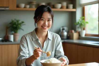 Femme japonaise souriante mangeant du riz dans la cuisine