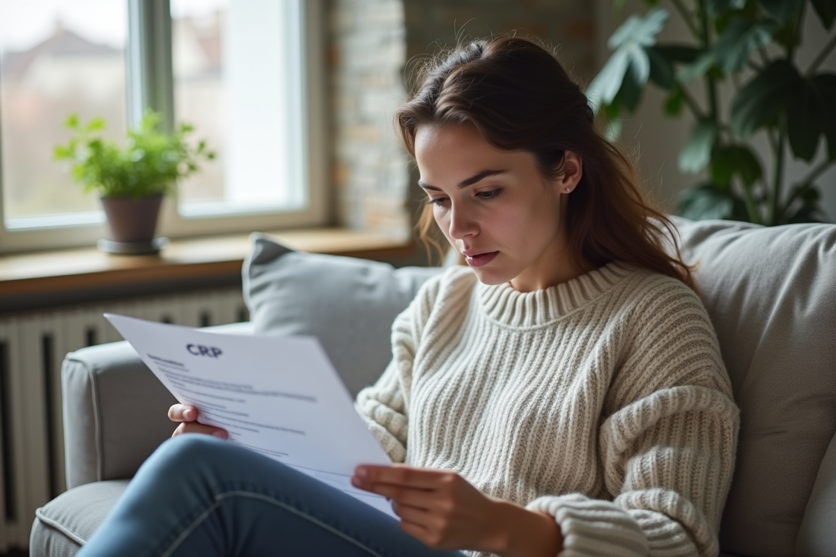 Jeune femme francais lit un rapport CRP dans son salon