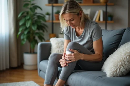 Femme d'âge moyen appliquant un compress froid sur son genou