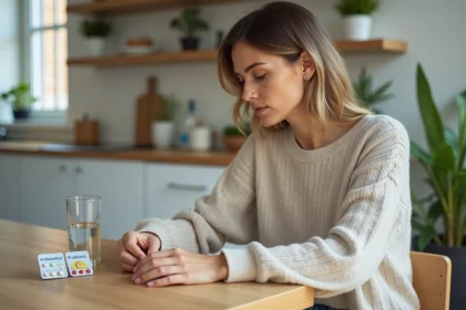 Femme assise à la cuisine avec eau et pilules