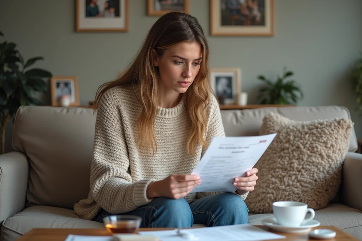 Femme jeune lisant un rapport medical chez elle