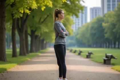 Femme en tenue active lors d'une marche matinale dans un parc urbain