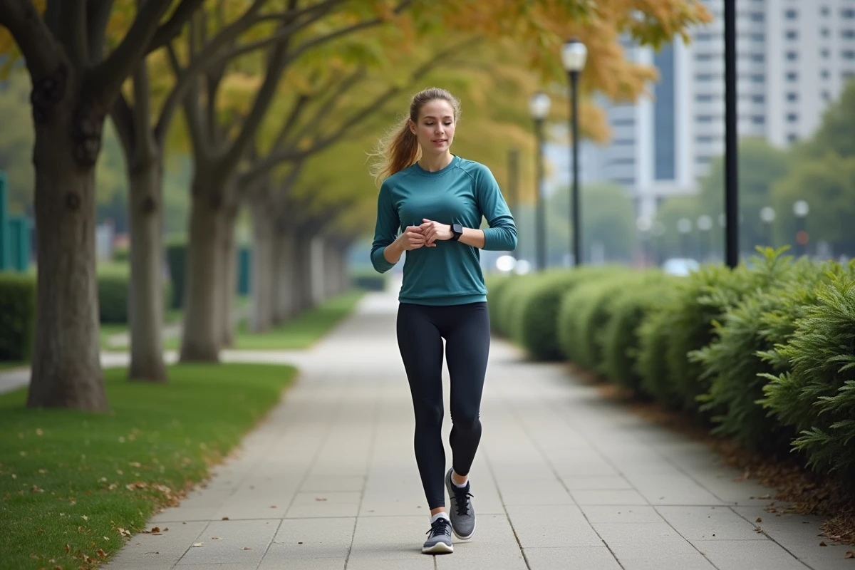 Jeune femme marche avec un tracker dans un chemin urbain