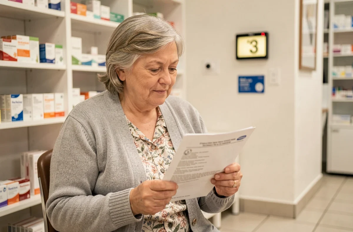 Femme âgée lisant des informations médicales sur les polypes utérins dans une pharmacie