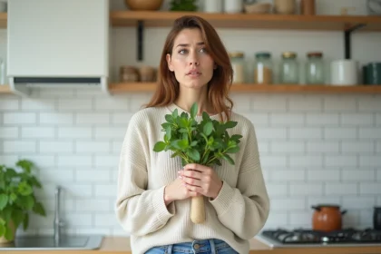 Femme tenant de la menthe fraîche dans une cuisine lumineuse