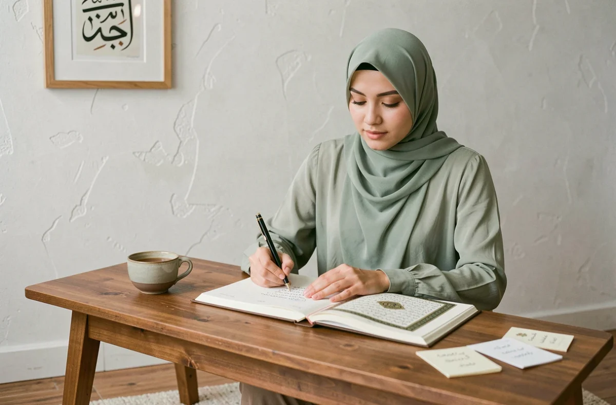 Femme musulmane prenant des notes sur les sourates coraniques de protection à son bureau d'étude avec un Coran et un cahier ouvert