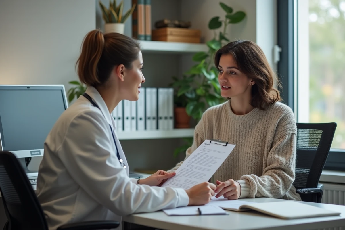 Femme de petite taille en consultation administrative pour la reconnaissance d'un handicap lié à la taille