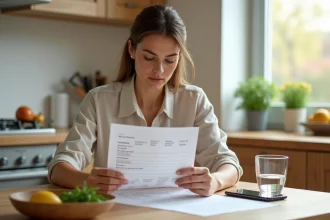 Femme consultant un menu de régime API à la table de sa cuisine moderne avec un plan alimentaire imprimé et une application nutritionnelle sur smartphone