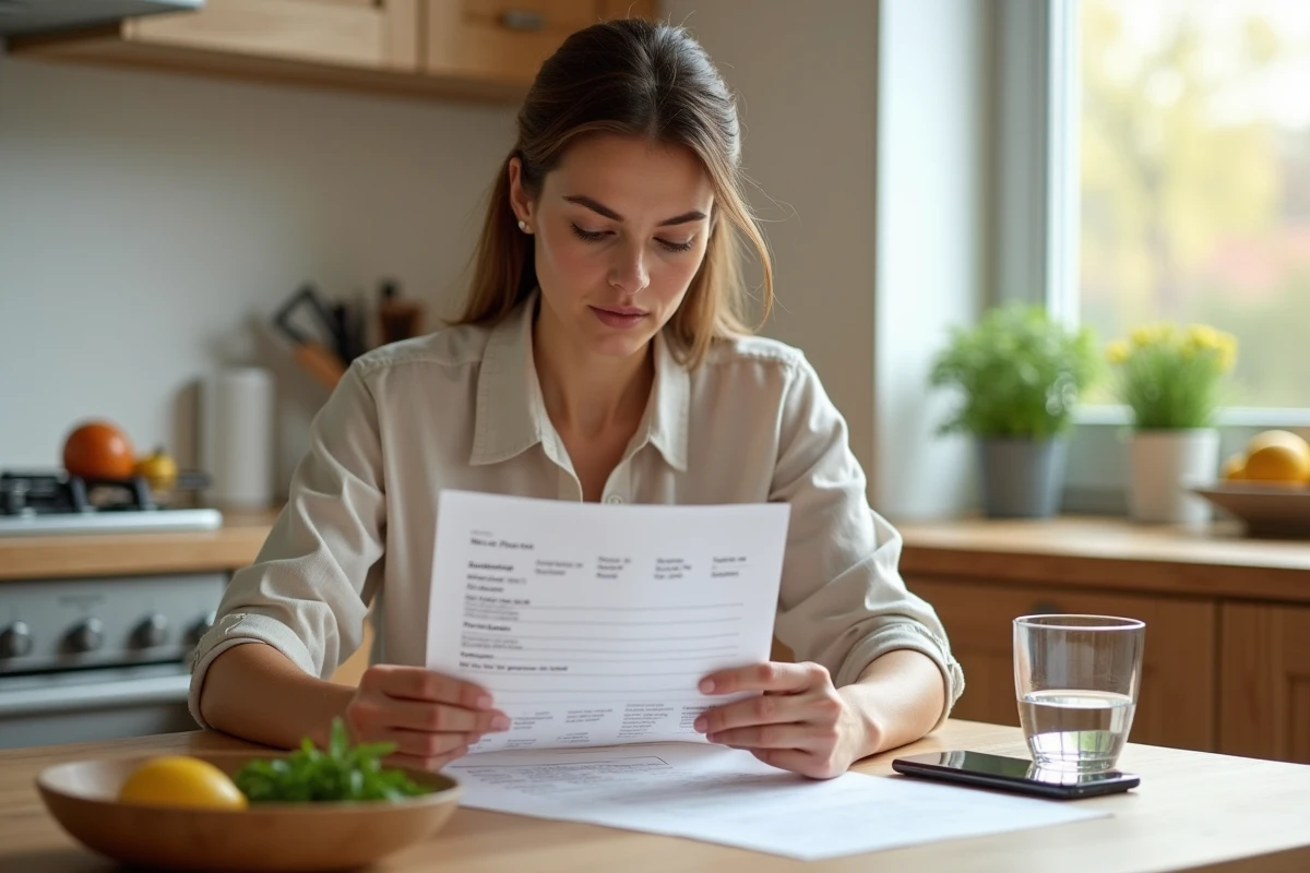 Femme consultant un menu de régime API à la table de sa cuisine moderne avec un plan alimentaire imprimé et une application nutritionnelle sur smartphone