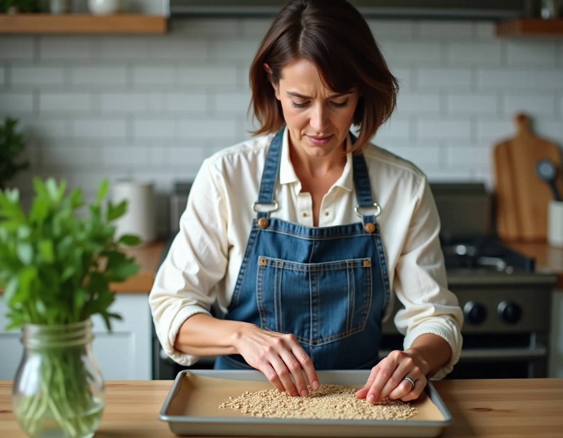 Femme préparant des graines de potimarron sur une plaque de cuisson dans une cuisine moderne, illustrant les risques liés à la cuisson des graines de courge