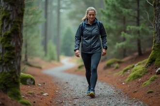 Femme en tenue de randonnée vérifiant son pas avec un podomètre