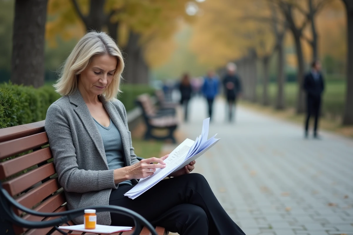 Femme assise dans un parc urbain en train de lire des documents