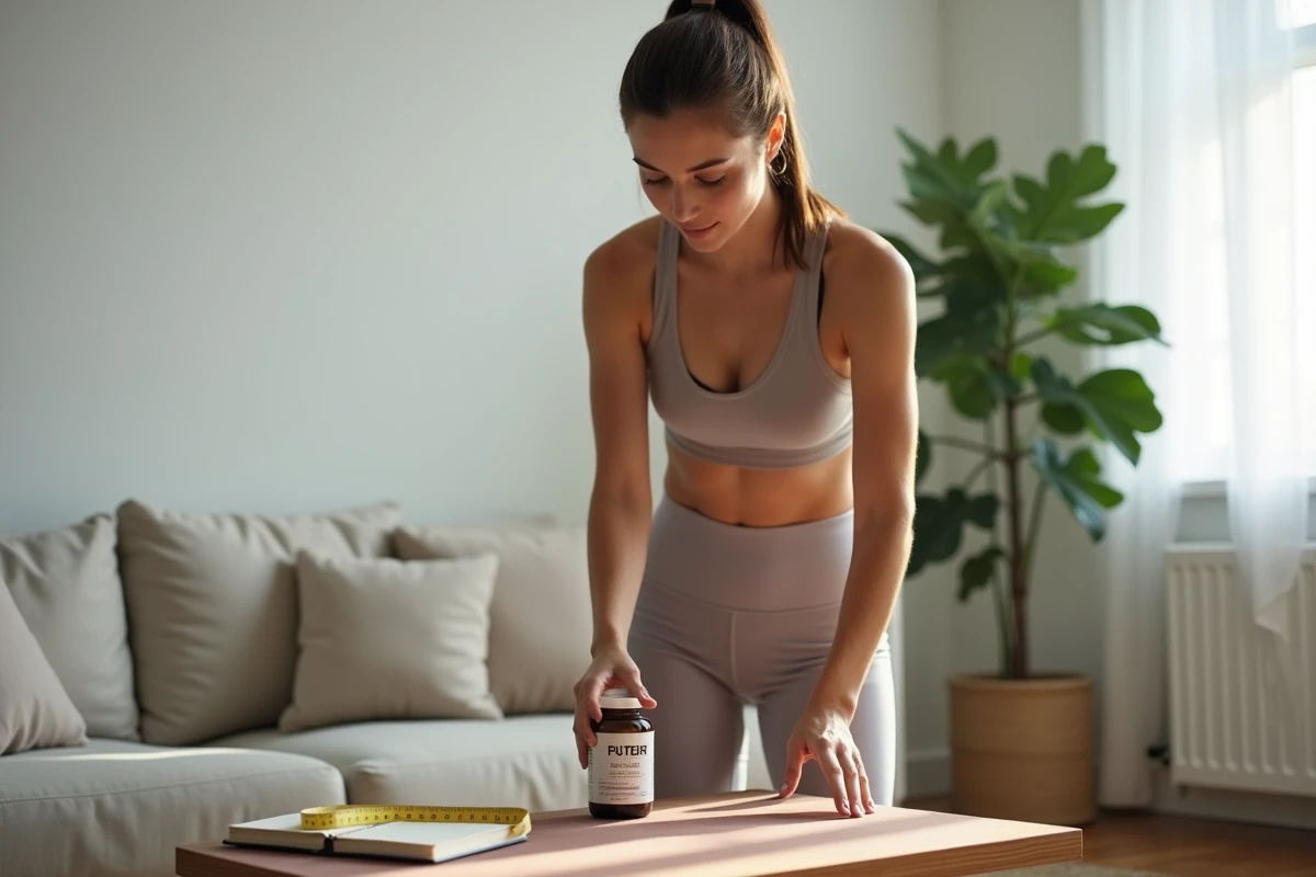 Femme en tenue de sport posant un complément minceur sur une table basse avec un journal et un mètre ruban dans un salon minimaliste