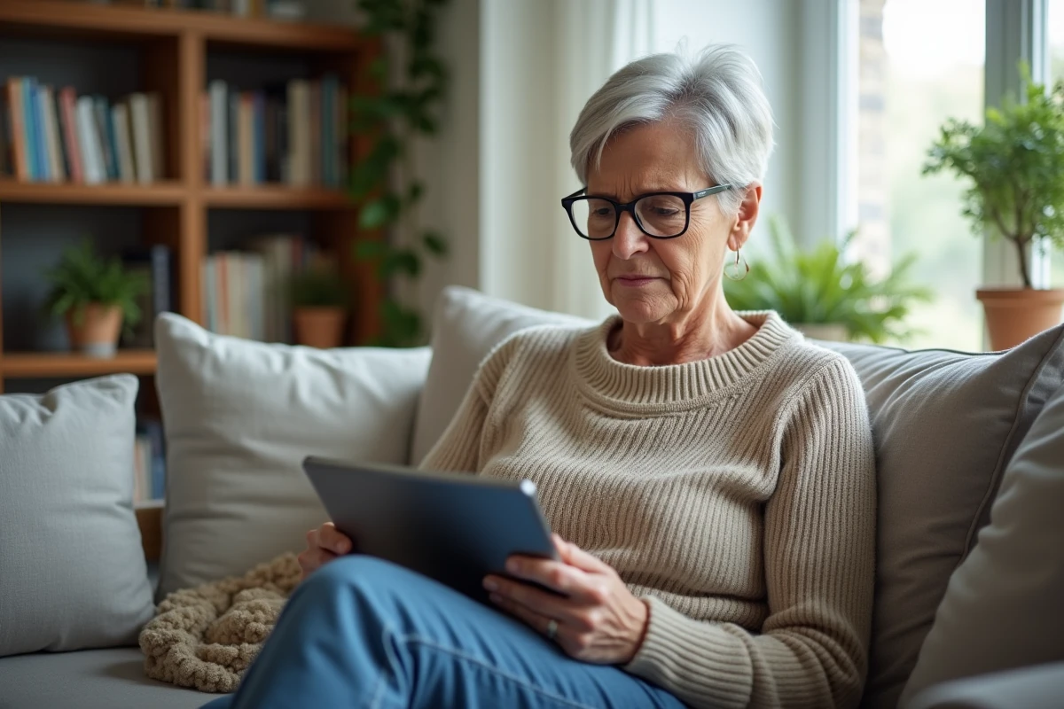 Femme lisant un article santé sur tablette dans son salon