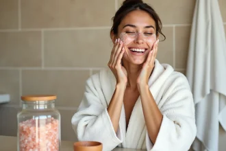 Jeune femme appliquant un gommage au sel rose Himalaya