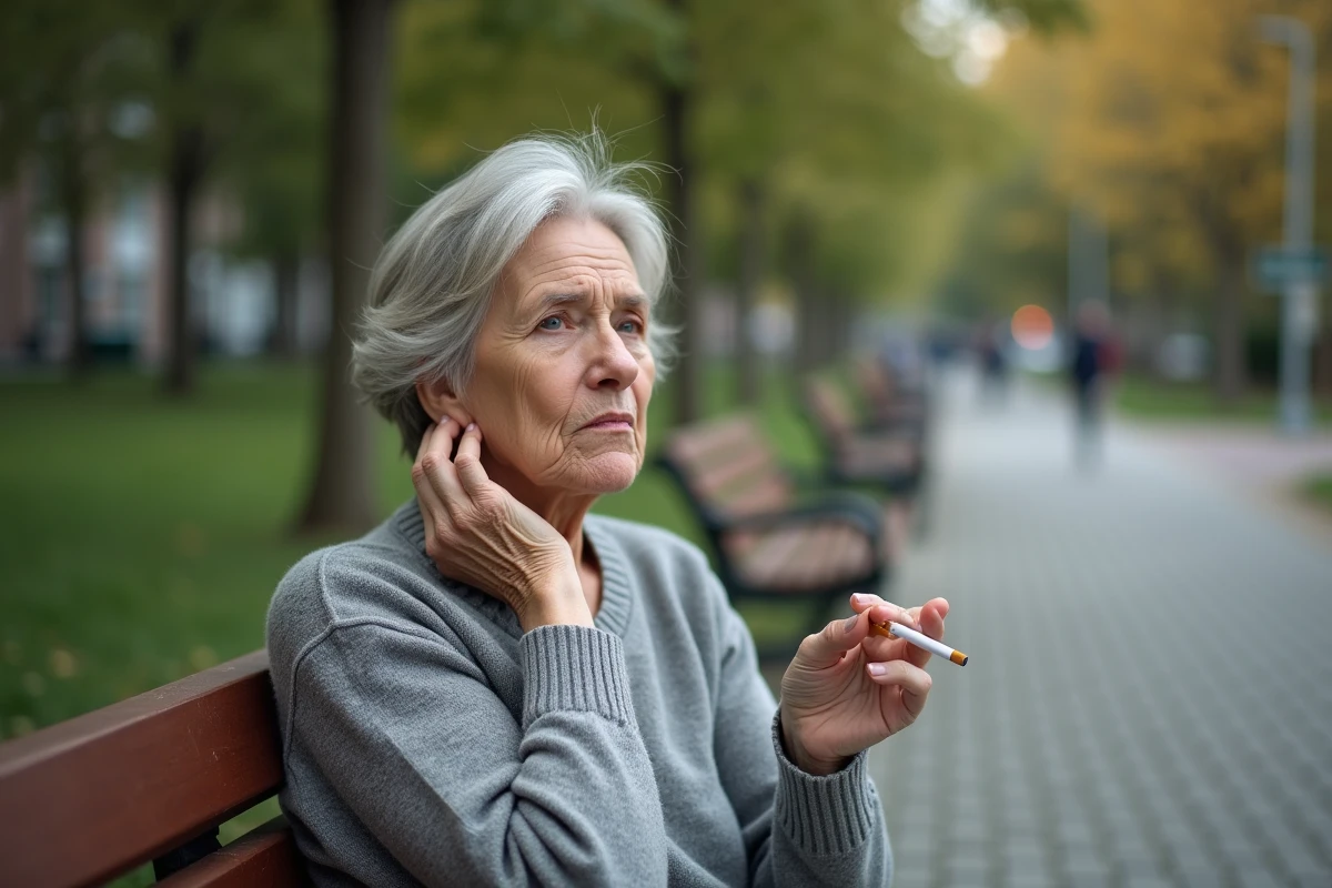 Femme âgée dans un parc urbain avec cigarette
