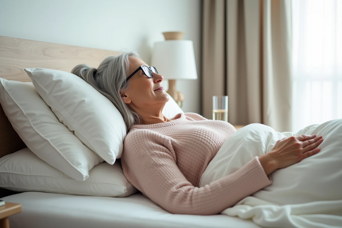 Femme senior lisant dans son lit avec un coussin de soutien