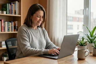 Femme sereine consultant le blog médical Medicys sur un ordinateur portable dans un bureau à domicile chaleureux