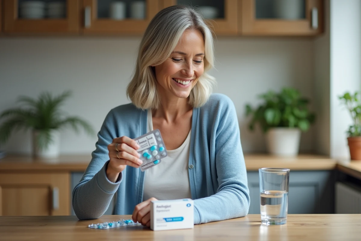 Femme souriante tenant une boîte d'antibiotiques et versant des capsules de levure