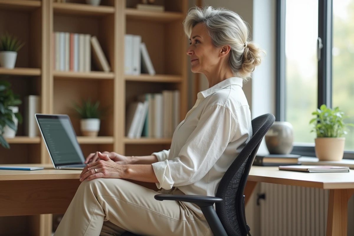 Femme d'âge mûr effectuant une torsion dorsale assise pour soulager un dos contracté dans un bureau à domicile ergonomique