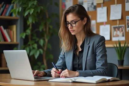 Femme en travail concentrée dans un bureau cosy