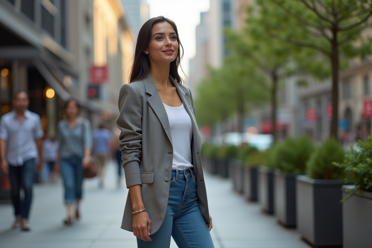 Jeune femme confiante sur un trottoir urbain dynamique