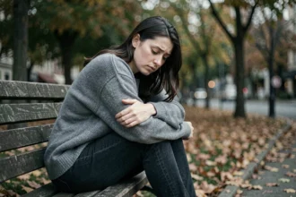 Femme seule sur un banc en parc urbain automnal, exprimant un état d'épuisement émotionnel lié aux impacts psychologiques d'une relation narcissique perverse